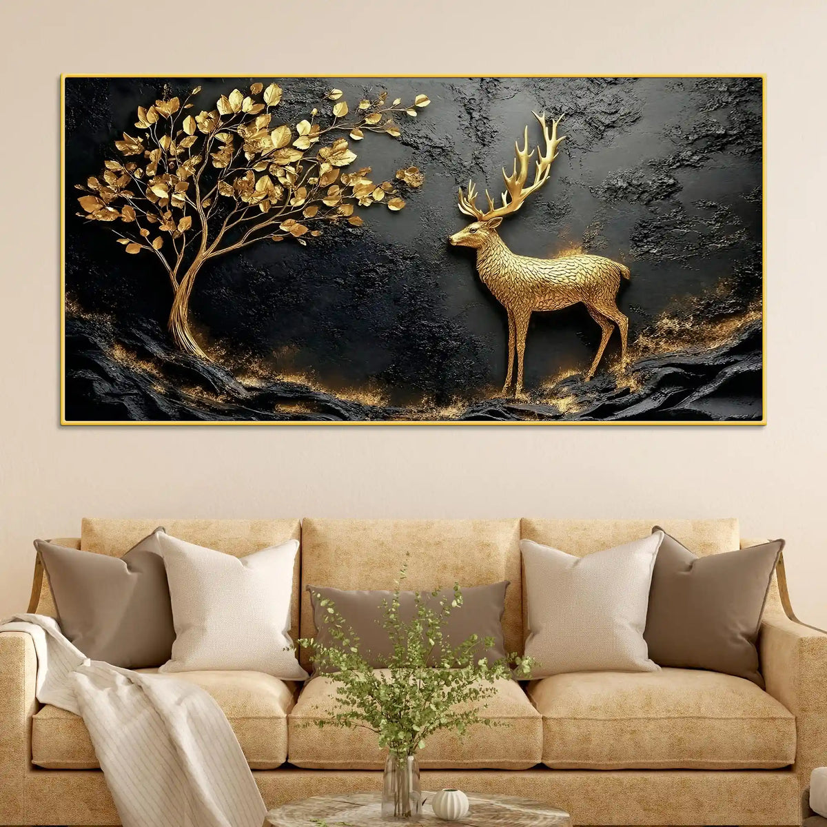 Designer Golden Deer Canvas Painting for Wall Décor
