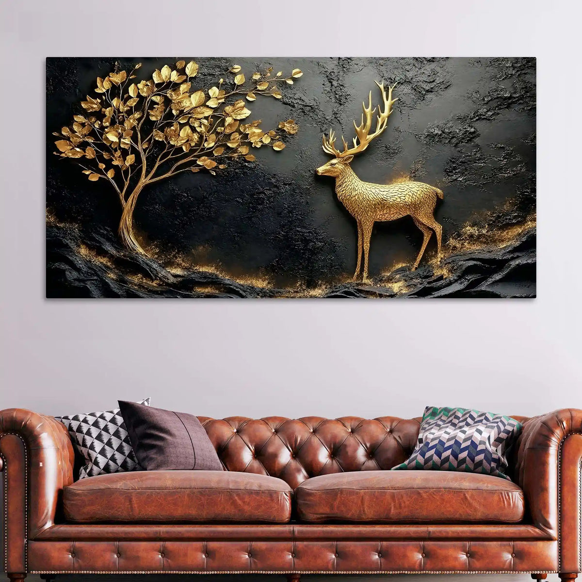 Designer Golden Deer Canvas Painting for Wall Décor