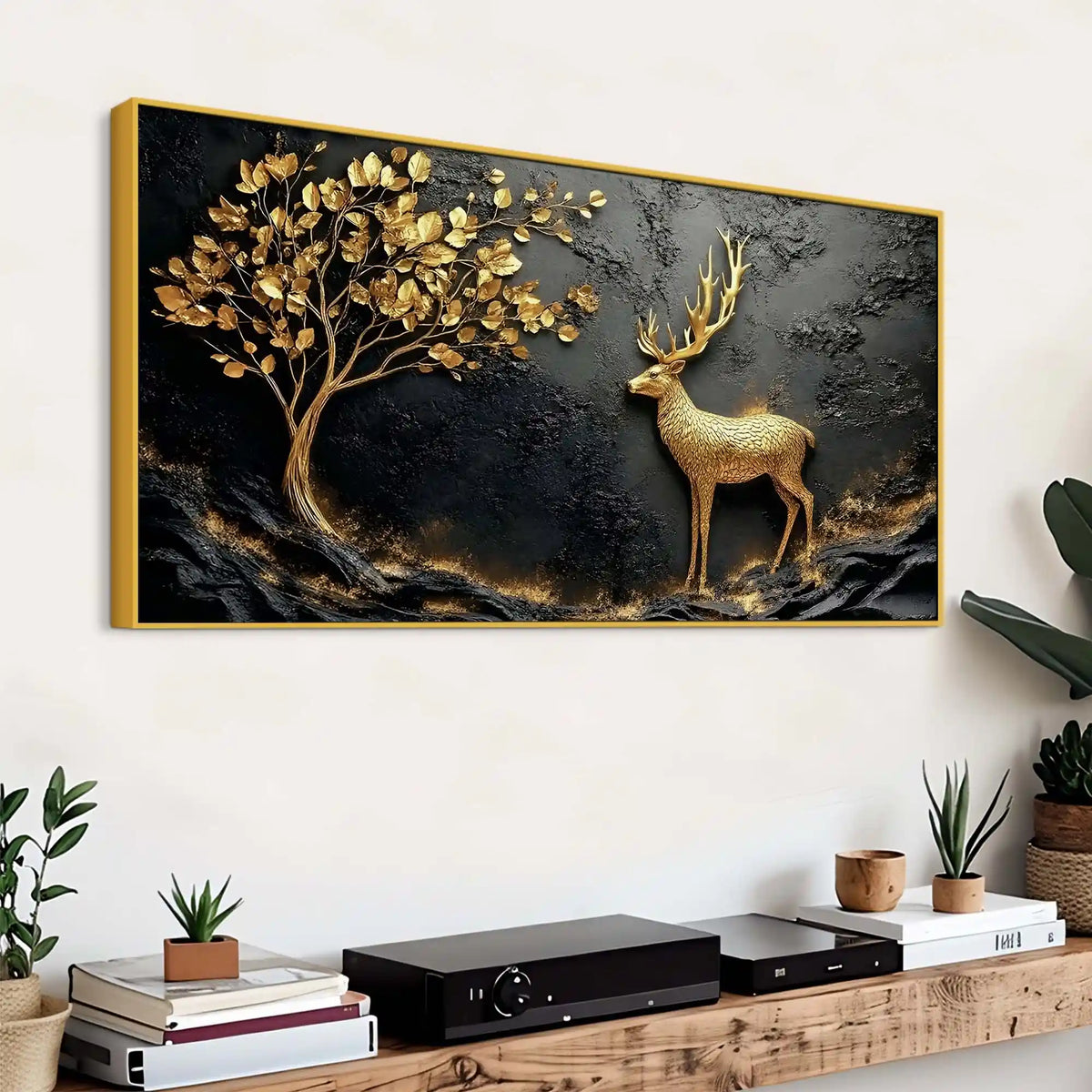 Designer Golden Deer Canvas Painting for Wall Décor