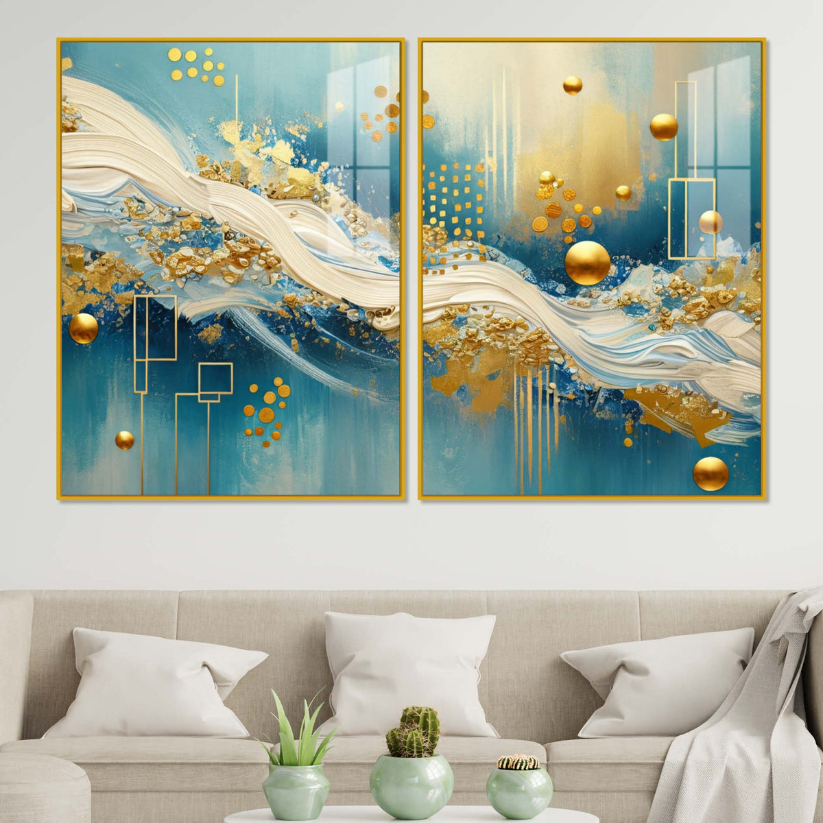Designer Golden Sphere & Ocean Wave Acrylic Floating Wall Painting Set of 2