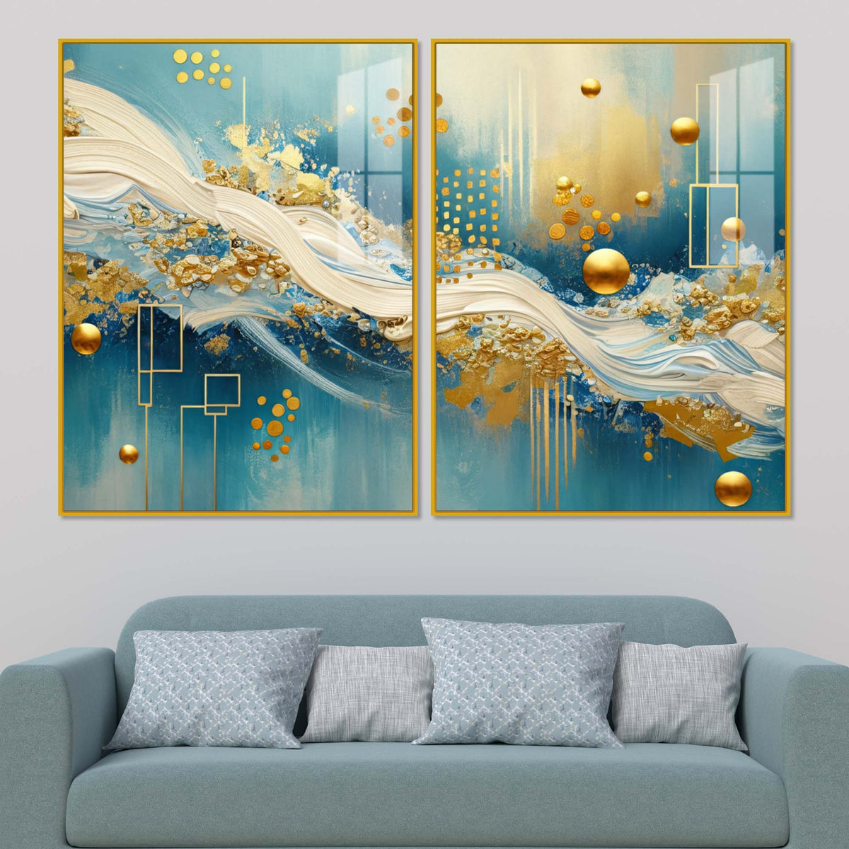 Designer Golden Sphere & Ocean Wave Acrylic Floating Wall Painting Set of 2