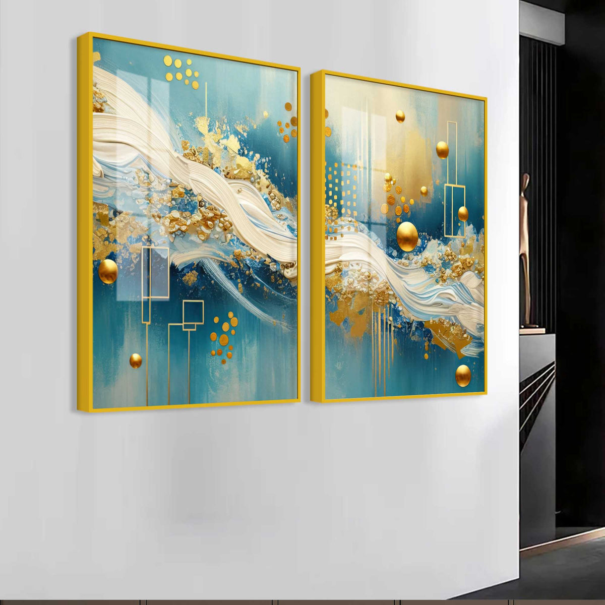 Designer Golden Sphere & Ocean Wave Acrylic Floating Wall Painting Set of 2