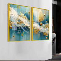 Designer Golden Sphere & Ocean Wave Acrylic Floating Wall Painting Set of 2