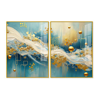 Designer Golden Sphere & Ocean Wave Acrylic Floating Wall Painting Set of 2