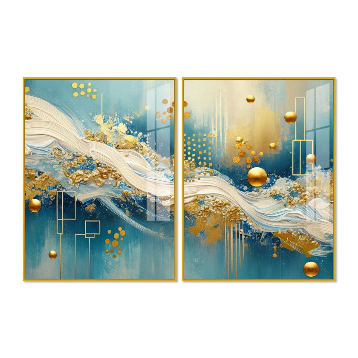 Designer Golden Sphere & Ocean Wave Acrylic Floating Wall Painting Set of 2