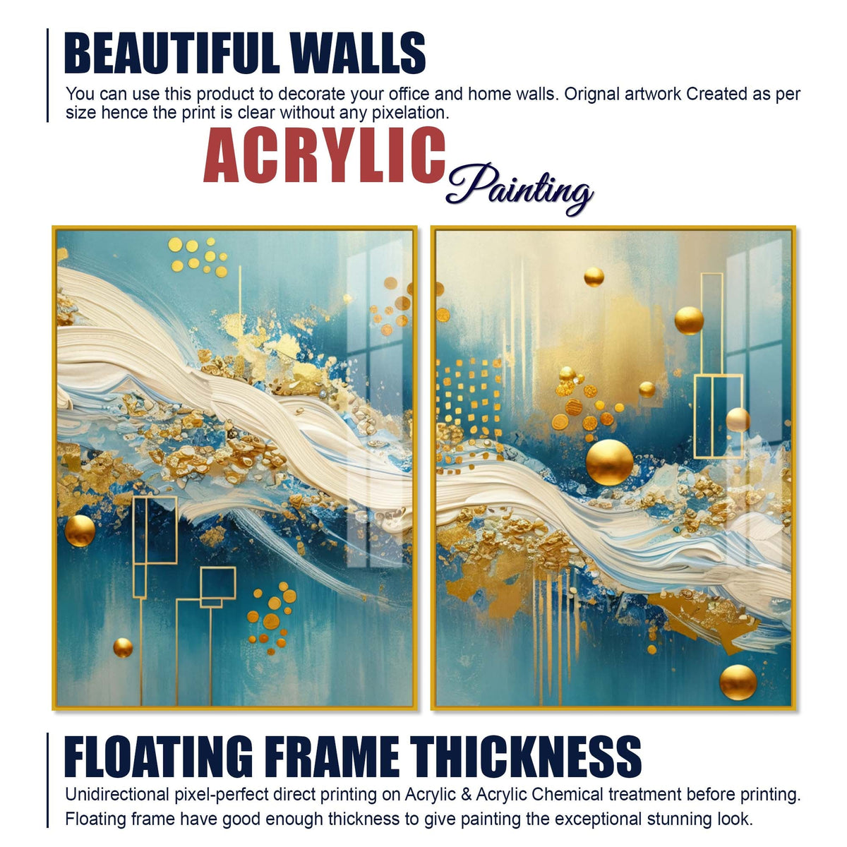 Designer Golden Sphere & Ocean Wave Acrylic Floating Wall Painting Set of 2
