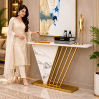 Designer Hallway Console Table with Marble Finish and Gold Accents