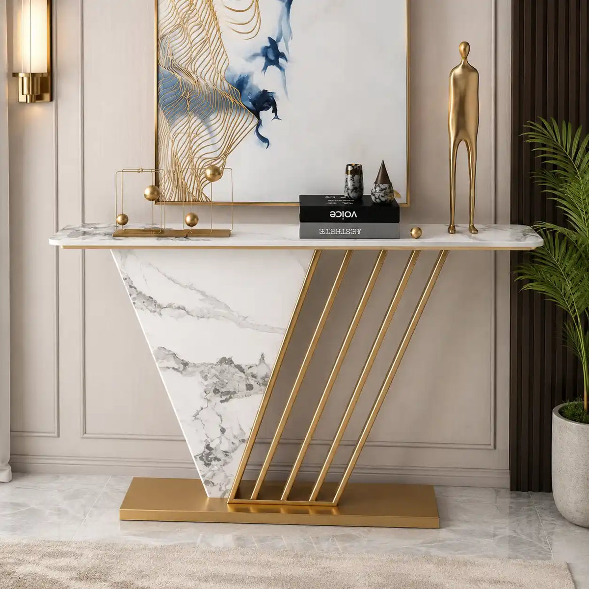 Designer Hallway Console Table with Marble Finish and Gold Accents