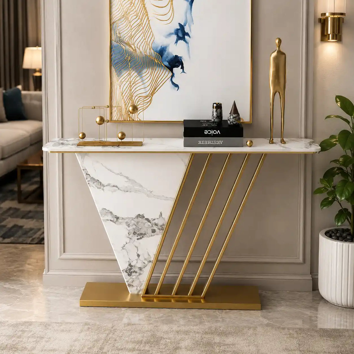 Designer Hallway Console Table with Marble Finish and Gold Accents