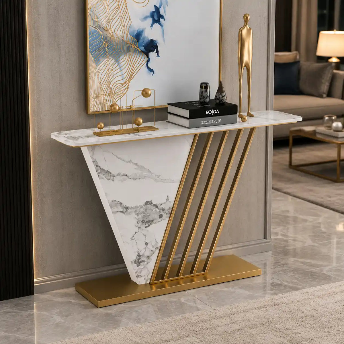 Designer Hallway Console Table with Marble Finish and Gold Accents
