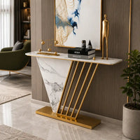 Designer Hallway Console Table with Marble Finish and Gold Accents