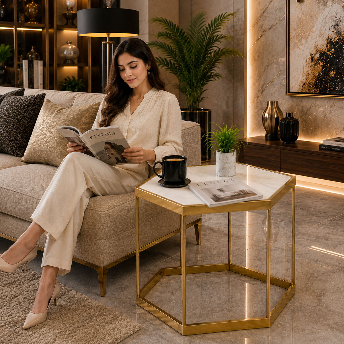 Designer Hexagonal Side Table with White Marble Top
