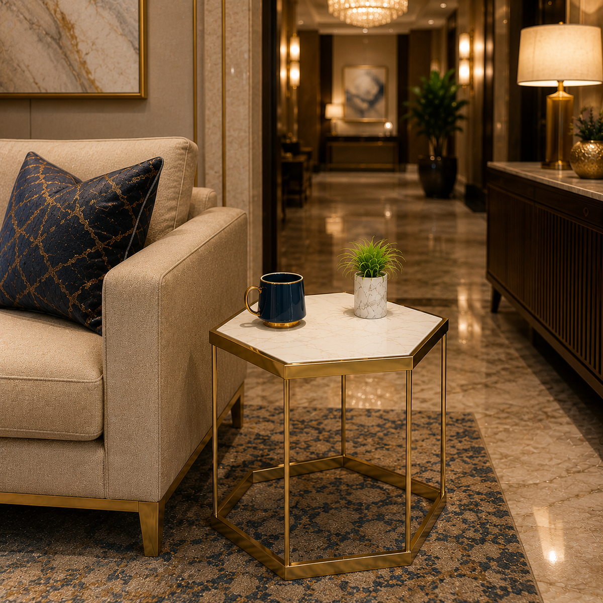 Designer Hexagonal Side Table with White Marble Top