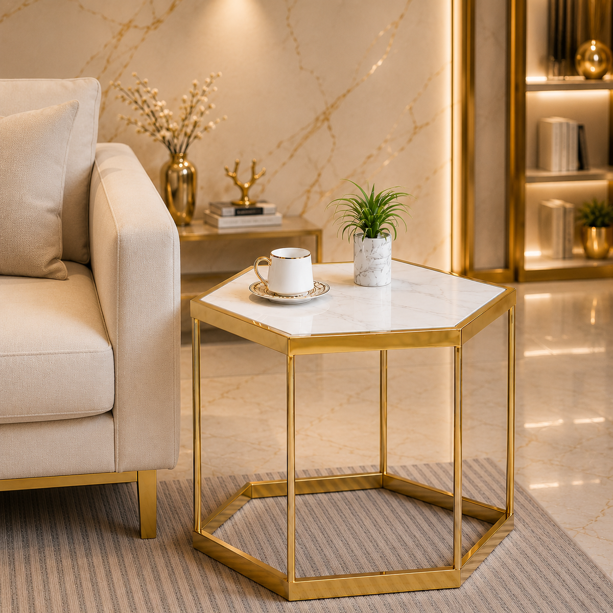 Designer Hexagonal Side Table with White Marble Top