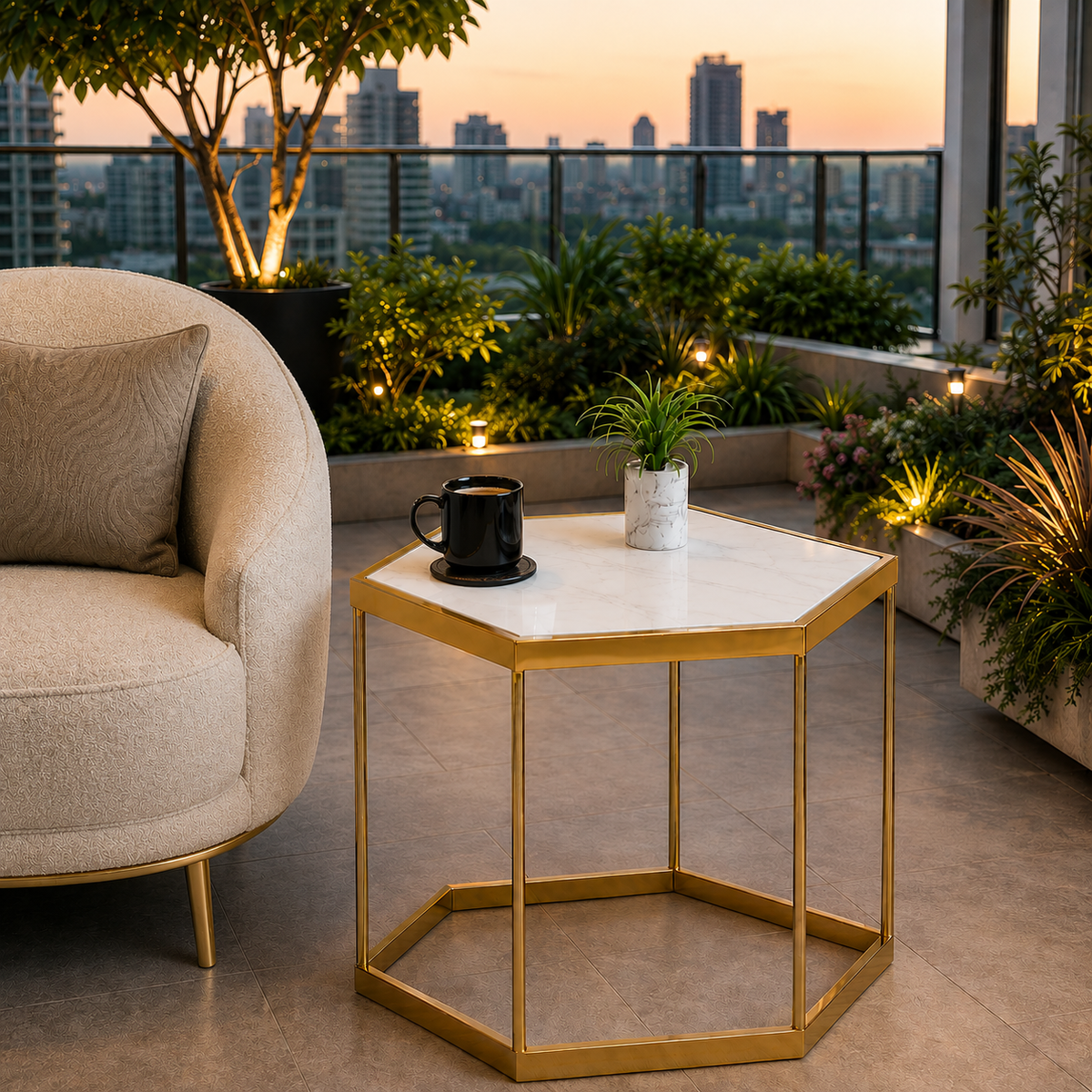Designer Hexagonal Side Table with White Marble Top