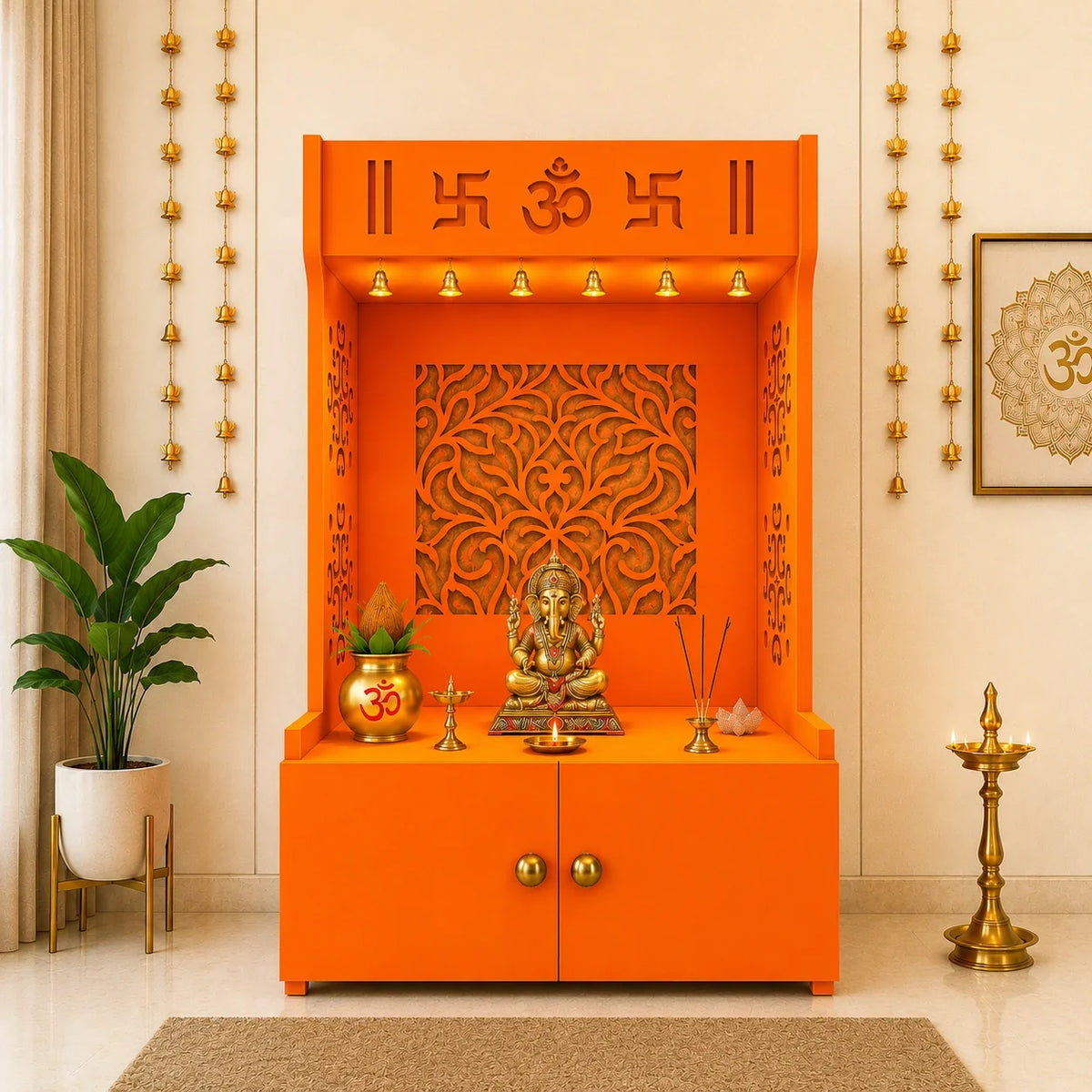 Designer Intricate Jali Design Pattern Floor Temple with Spacious Wooden Shelf & Inbuilt Focus Light- Bhagwa Finish