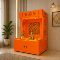 Designer Intricate Jali Design Pattern Floor Temple with Spacious Wooden Shelf & Inbuilt Focus Light- Bhagwa Finish