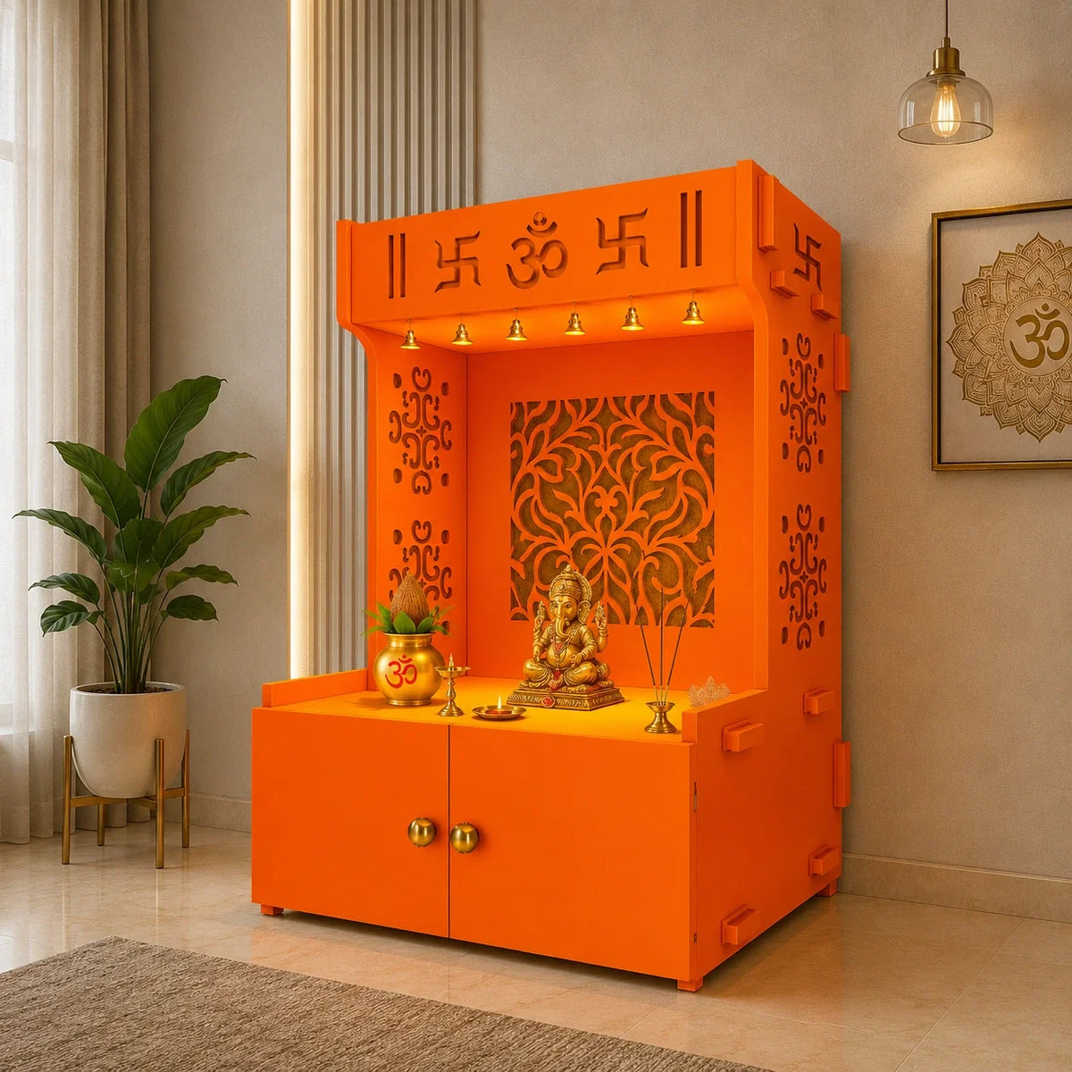 Designer Intricate Jali Design Pattern Floor Temple with Spacious Wooden Shelf & Inbuilt Focus Light- Bhagwa Finish