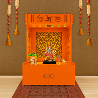 Designer Intricate Jali Design Pattern Floor Temple with Spacious Wooden Shelf & Inbuilt Focus Light- Bhagwa Finish