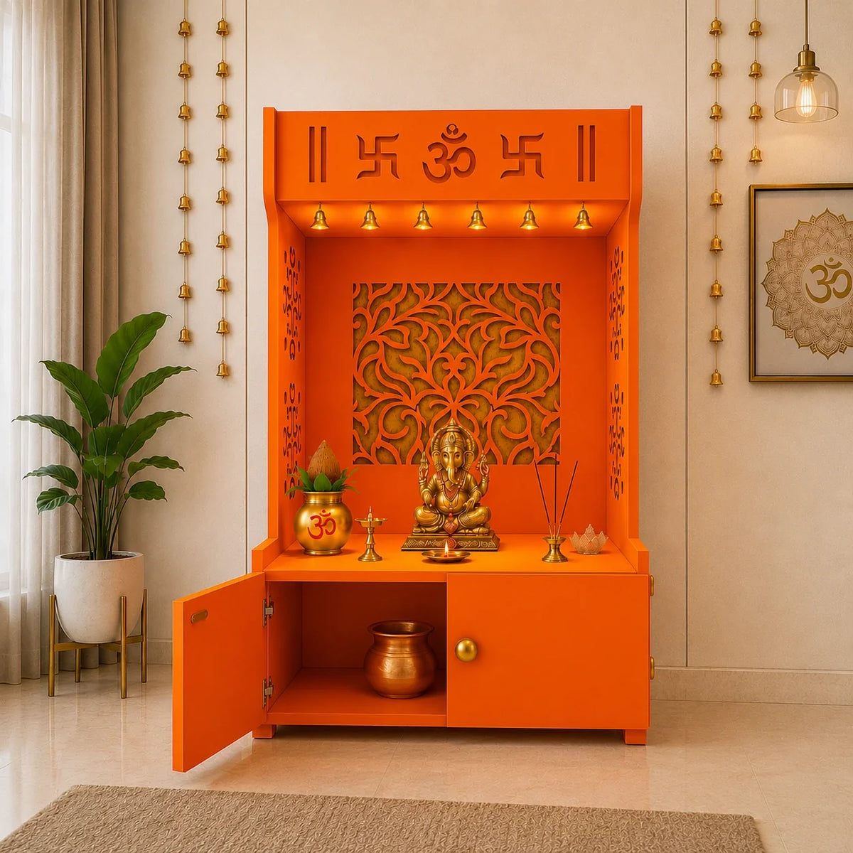 Designer Intricate Jali Design Pattern Floor Temple with Spacious Wooden Shelf & Inbuilt Focus Light- Bhagwa Finish
