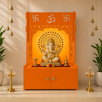 Designer Om Chakra Floor Temple with Spacious Wooden Shelf & Inbuilt Focus Light- Bhagwa Finish