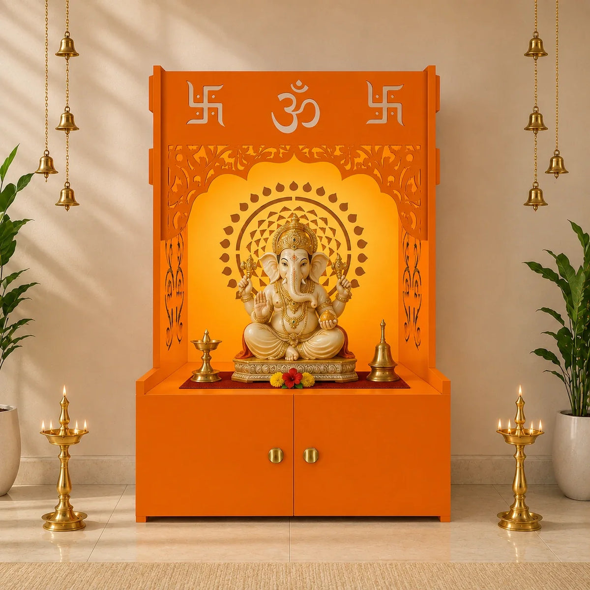 Designer Om Chakra Floor Temple with Spacious Wooden Shelf & Inbuilt Focus Light- Bhagwa Finish