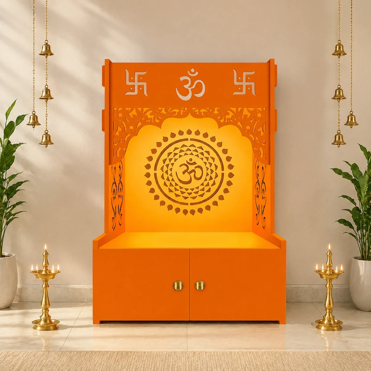 Designer Om Chakra Floor Temple with Spacious Wooden Shelf & Inbuilt Focus Light- Bhagwa Finish