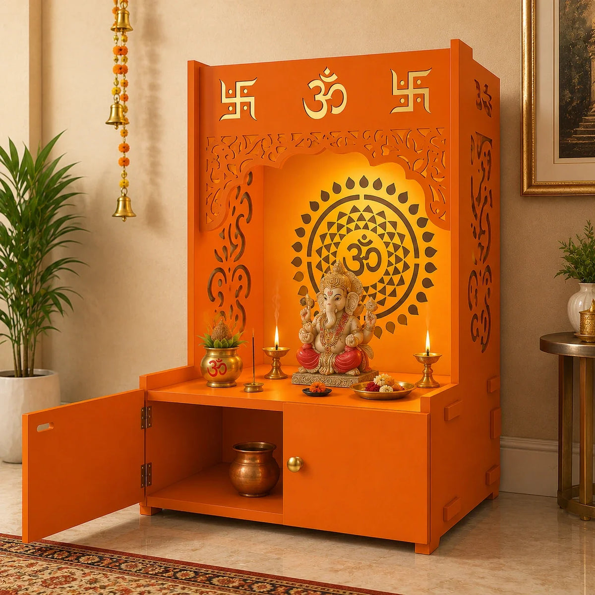 Designer Om Chakra Floor Temple with Spacious Wooden Shelf & Inbuilt Focus Light- Bhagwa Finish