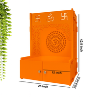 Designer Om Chakra Floor Temple with Spacious Wooden Shelf & Inbuilt Focus Light- Bhagwa Finish