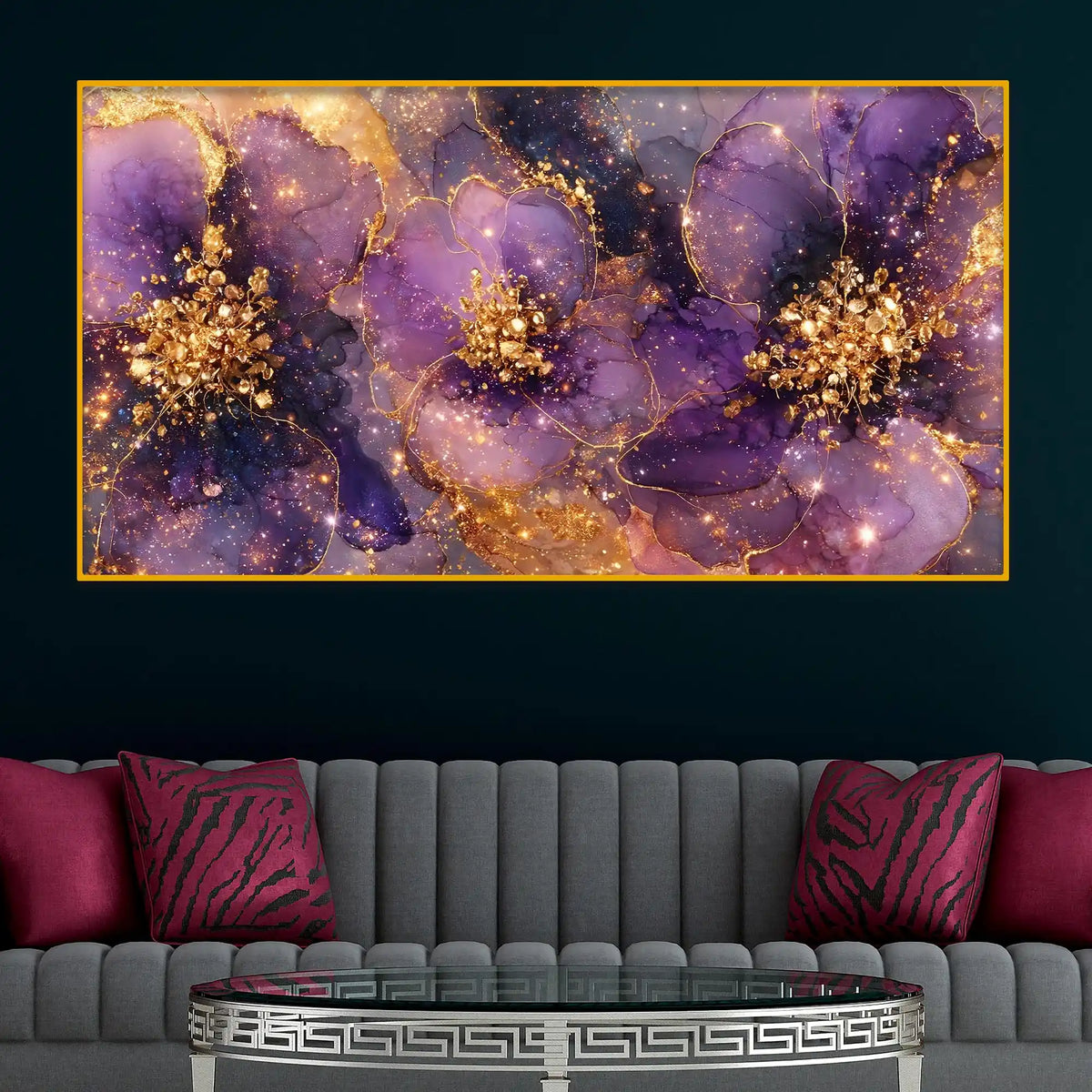 Designer Purple Flower Crystal Glass Wall Painting