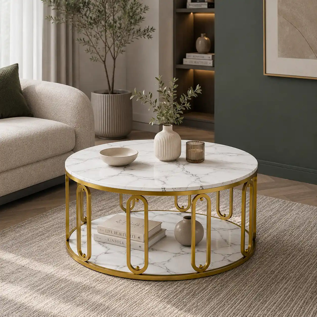 Designer Round Center Table with Marble Finish