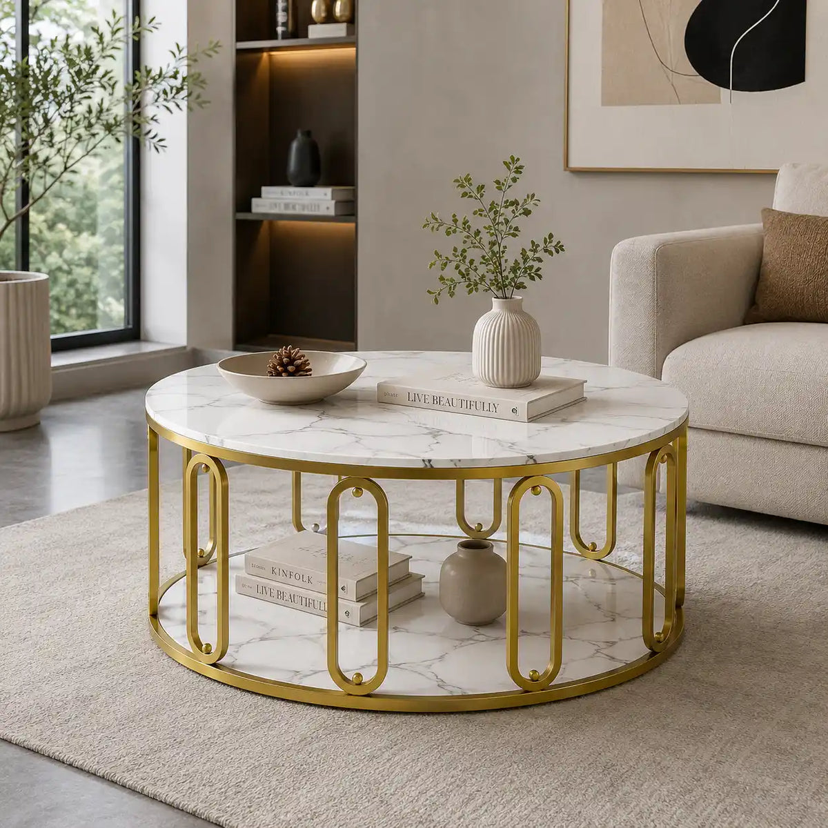 Designer Round Center Table with Marble Finish