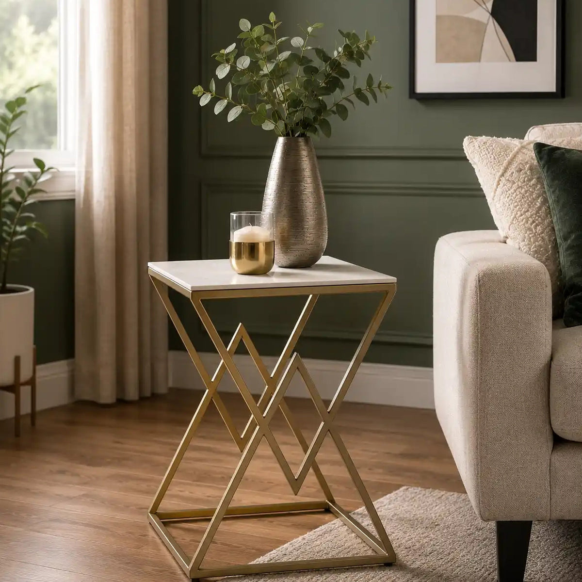 Designer Side Table with Square Marble Finish Top for Home Decor