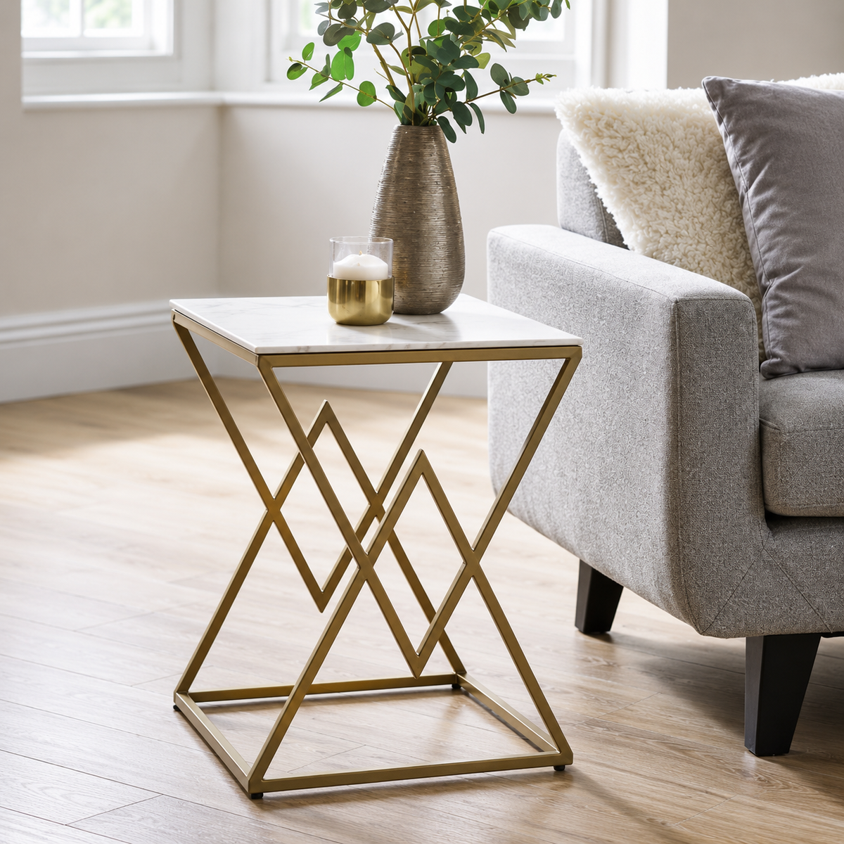 Designer Side Table with Square Marble Finish Top for Home Decor