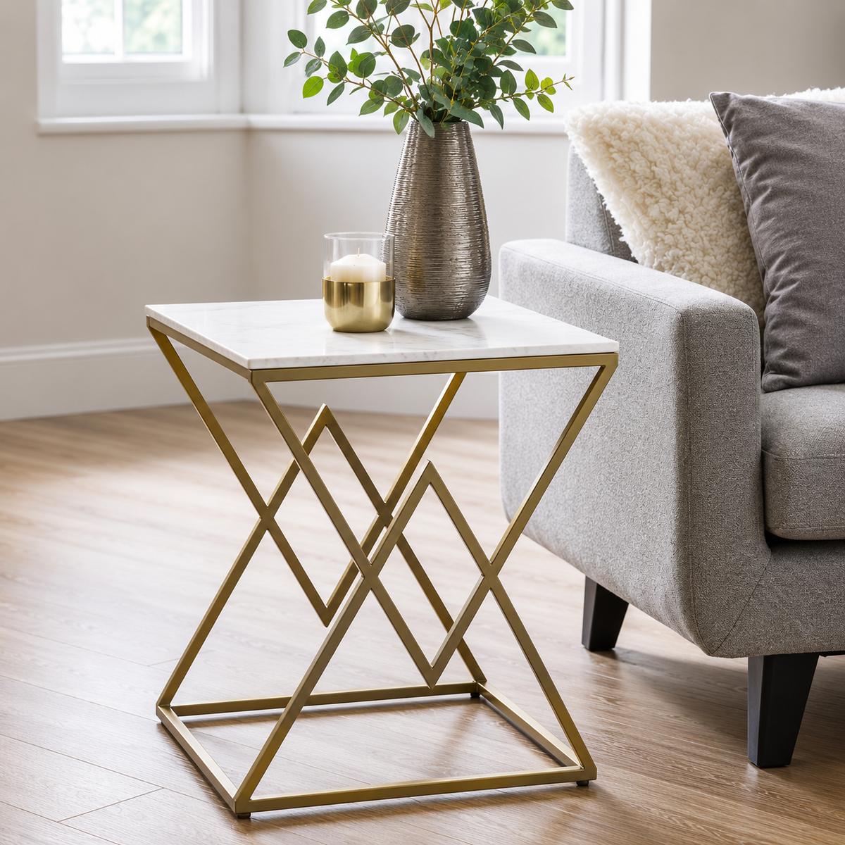 Designer Side Table with Square Marble Finish Top for Home Decor