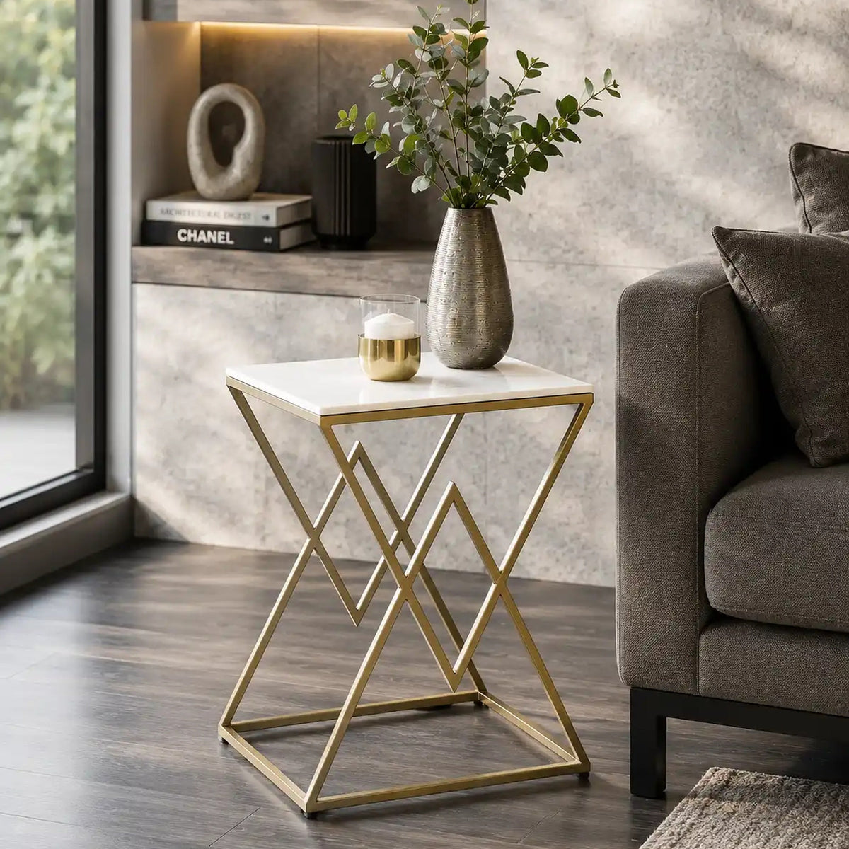 Designer Side Table with Square Marble Finish Top for Home Decor