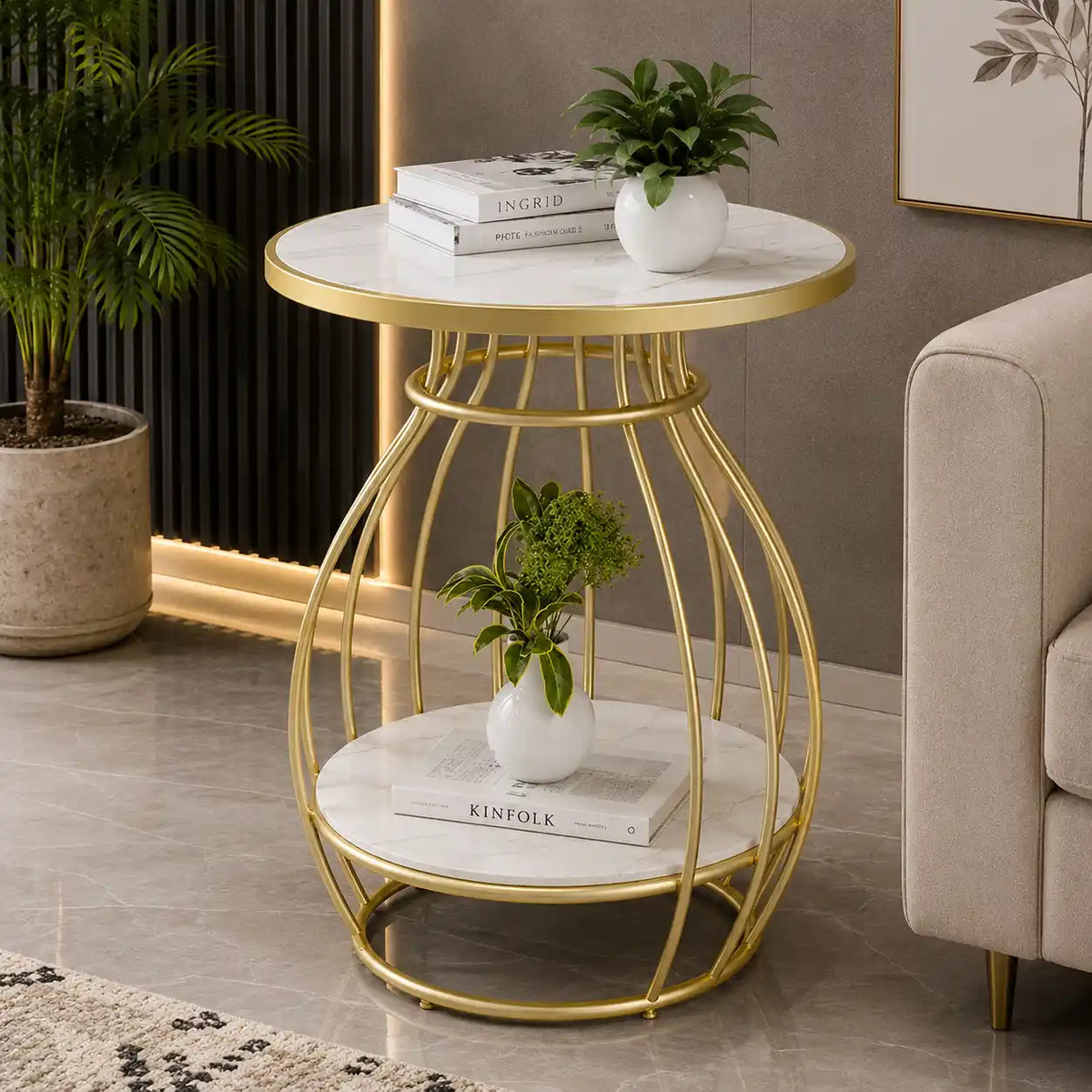 Designer Two Tier Table with Marble Style Top & Curved Base
