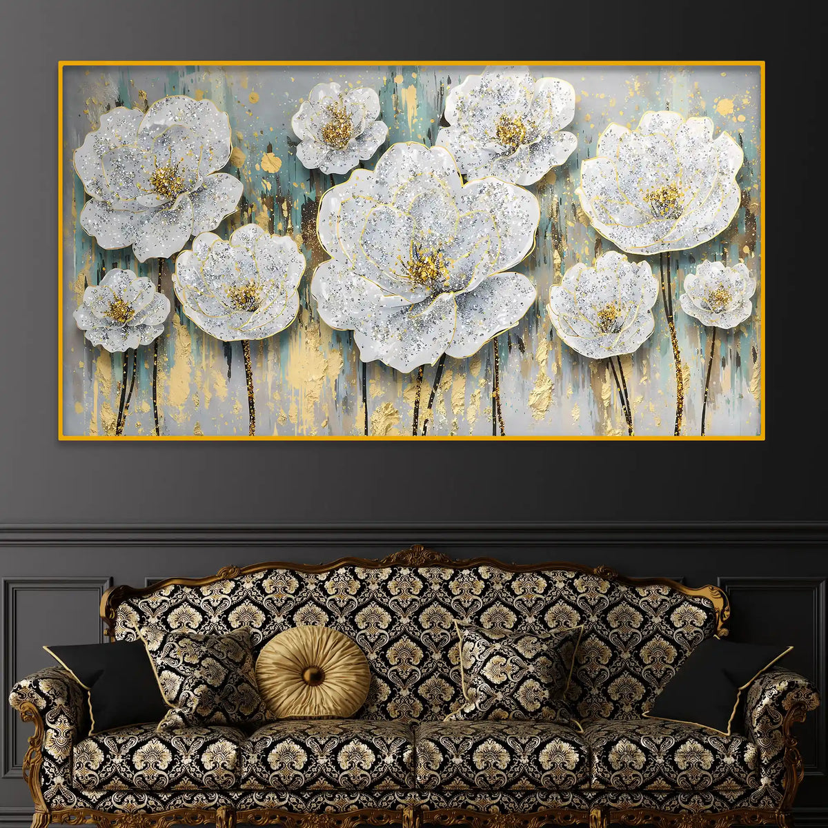 Designer White Floral Crystal Glass Painting