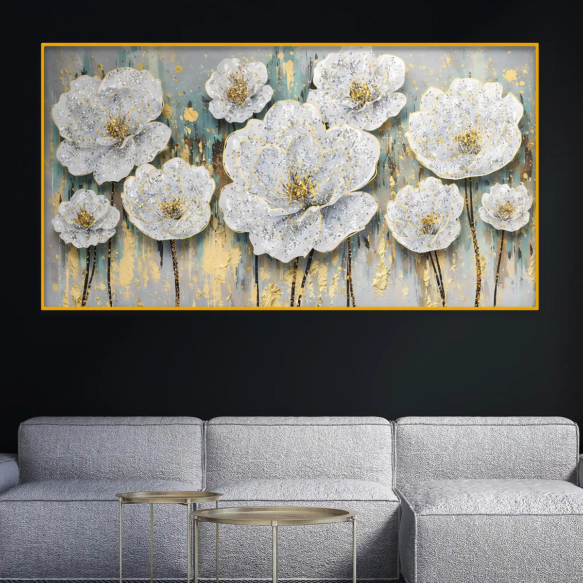 Designer White Floral Crystal Glass Painting
