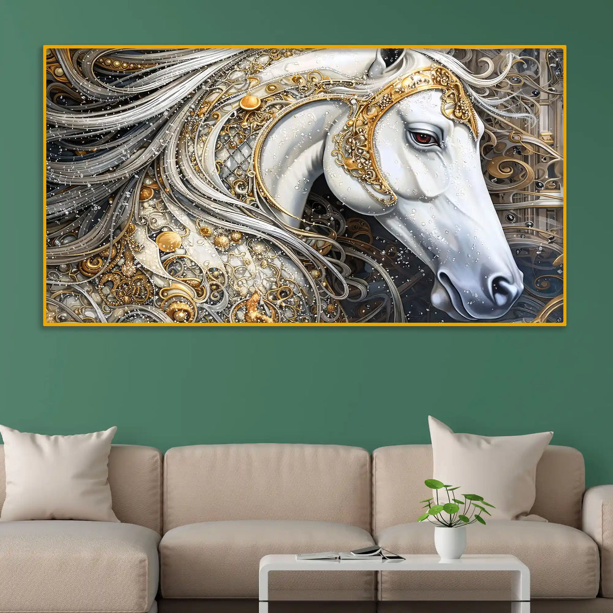 Designer White Horse Crystal Glass Painting for Modern Wall Décor