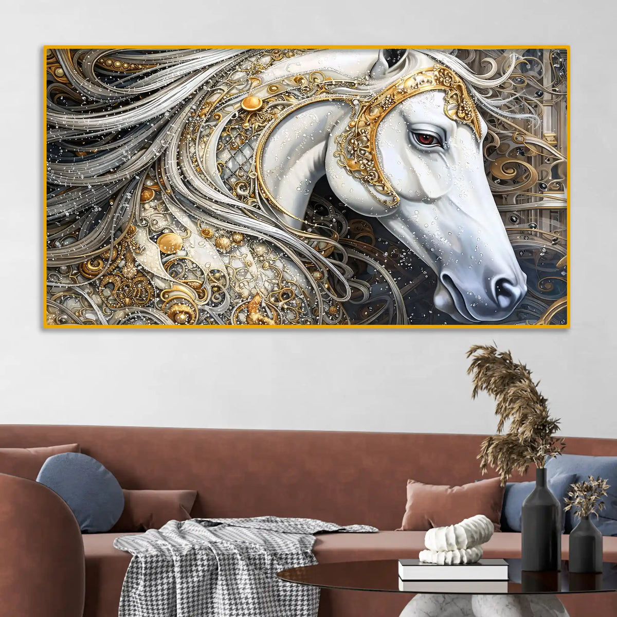 Designer White Horse Crystal Glass Painting for Modern Wall Décor