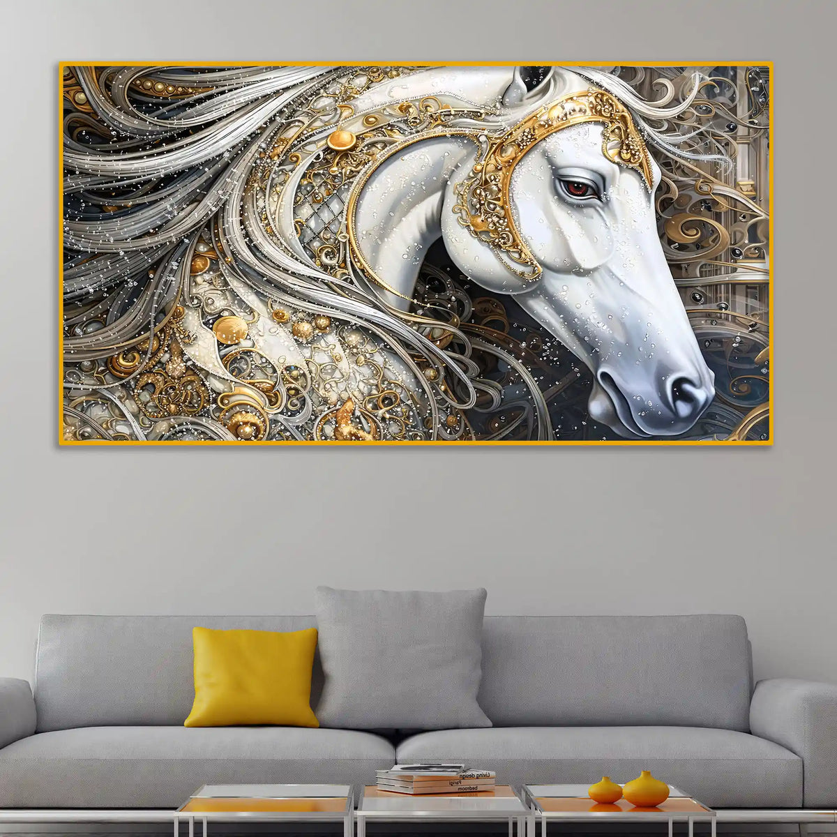 Designer White Horse Crystal Glass Painting for Modern Wall Décor