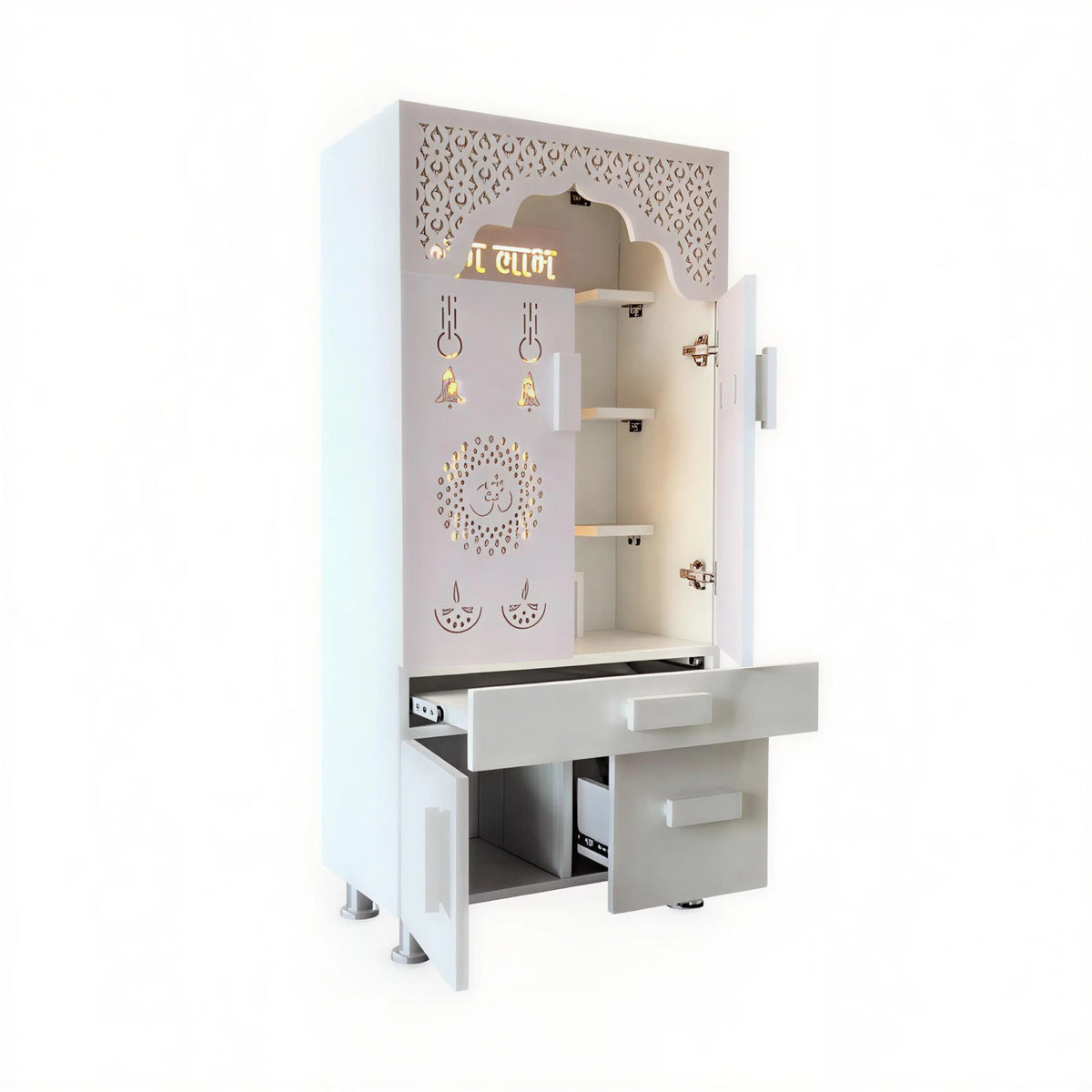 Designer White Wooden Floor Temple with Shubh Labh LED Back Panel & Spacious Storage Cabinet for Home & Office