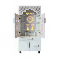Designer White Wooden Floor Temple with Shubh Labh LED Back Panel & Spacious Storage Cabinet for Home & Office