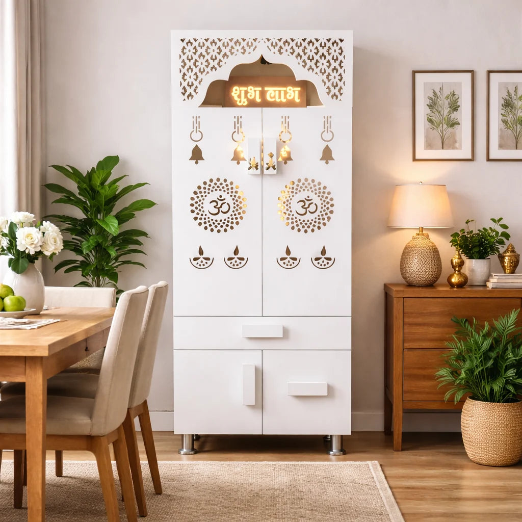 Designer White Wooden Floor Temple with Shubh Labh LED Back Panel & Spacious Storage Cabinet for Home & Office