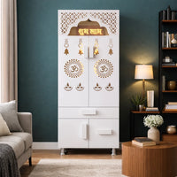 Designer White Wooden Floor Temple with Shubh Labh LED Back Panel & Spacious Storage Cabinet for Home & Office