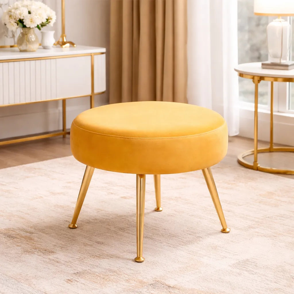 Designer Yellow Velvet Vanity Seat with Sturdy Golden Legs