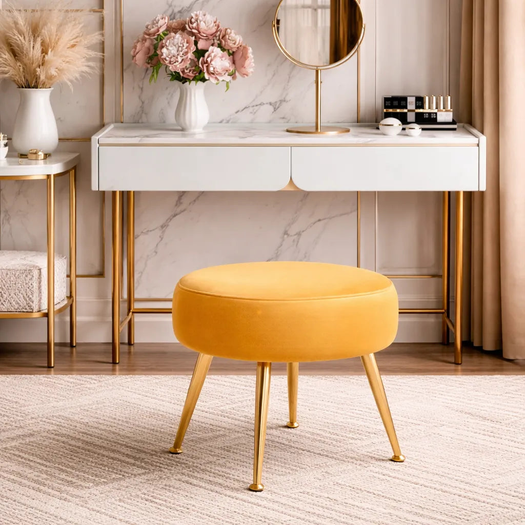 Designer Yellow Velvet Vanity Seat with Sturdy Golden Legs