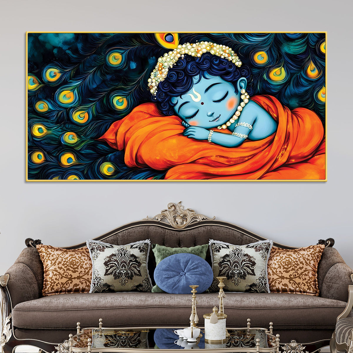 Divine Bal Krishna Sleeping Painting with Peacock Feather Art