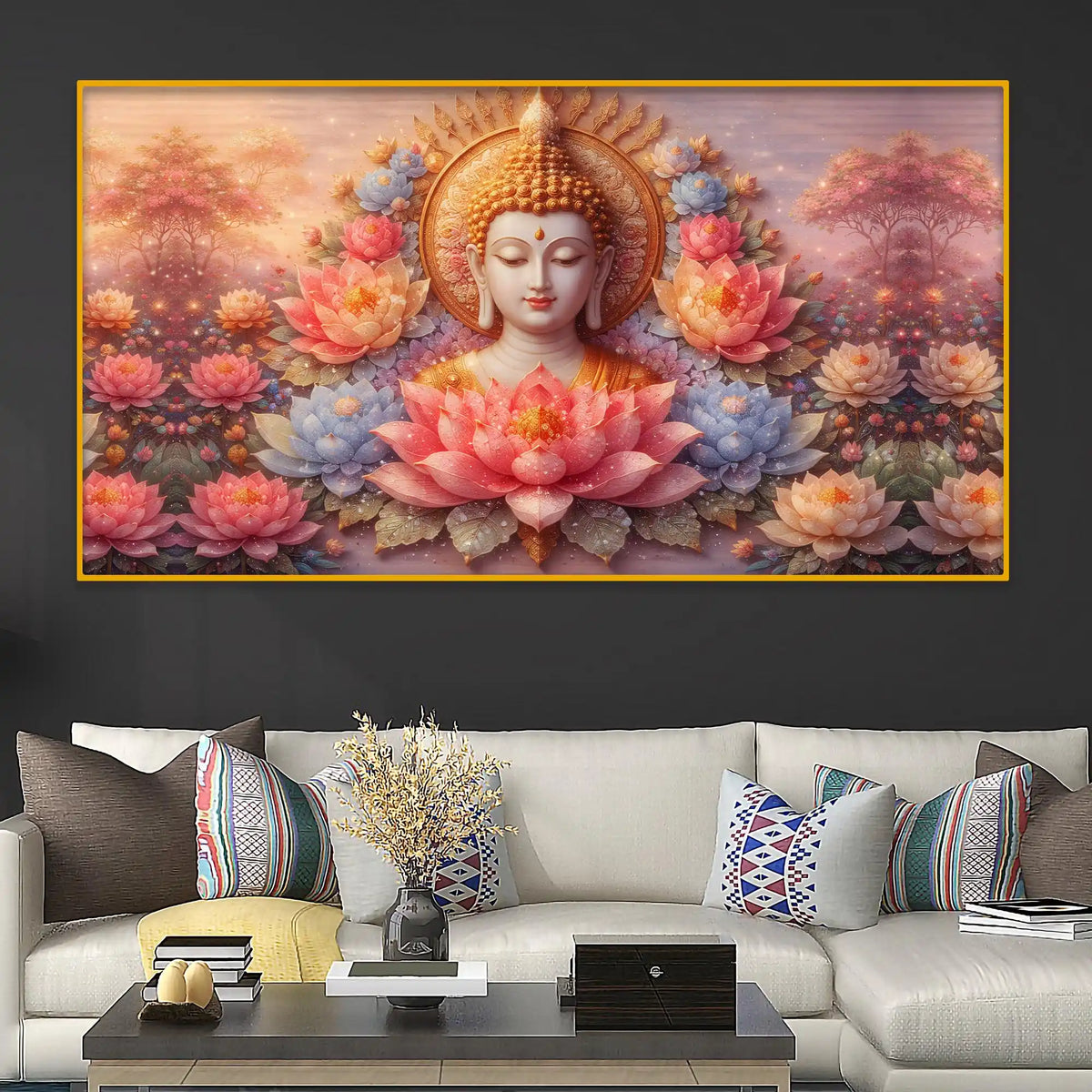 Divine Buddha Floral Crystal Glass Painting for Bedroom Décor
